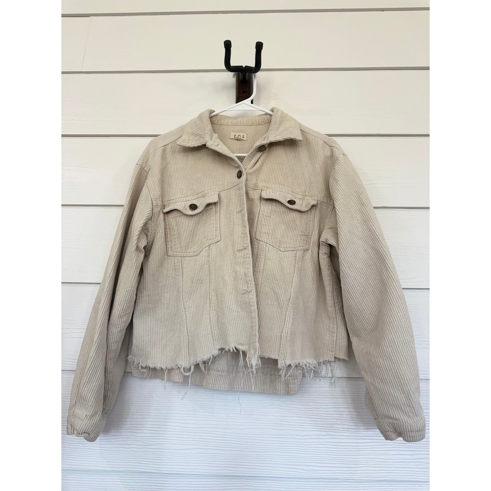 B- 59- POL Cream Beige Corduroy Frayed Hem Cropped Jacket JFT399 Small